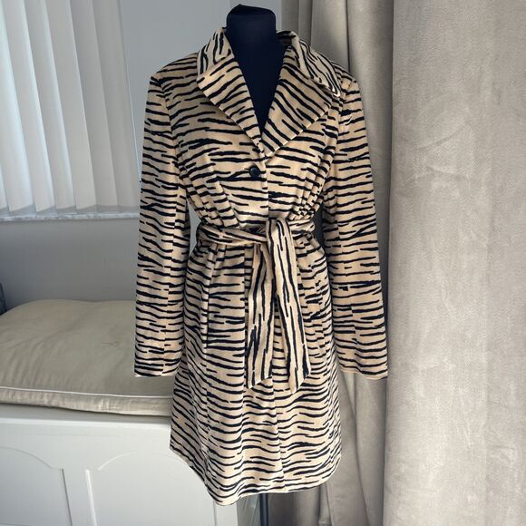 Bebe Faux Fur Tiger Stripe Beige Black Belted Coat L - Picture 8 of 11